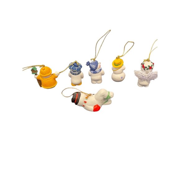 Set of 6 Ceramic Christmas Snowman Ornaments Angel Hats Scarves Birdhouse - Picture 2 of 12